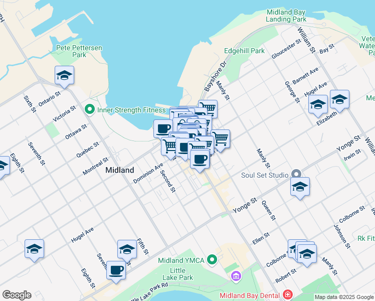 map of restaurants, bars, coffee shops, grocery stores, and more near 525 Dominion Avenue in Midland