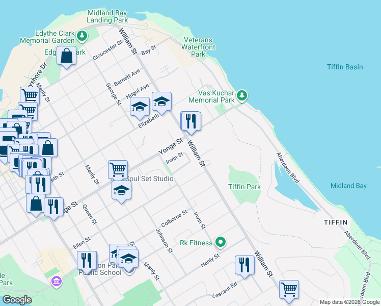 map of restaurants, bars, coffee shops, grocery stores, and more near 413 Irwin Street in Midland