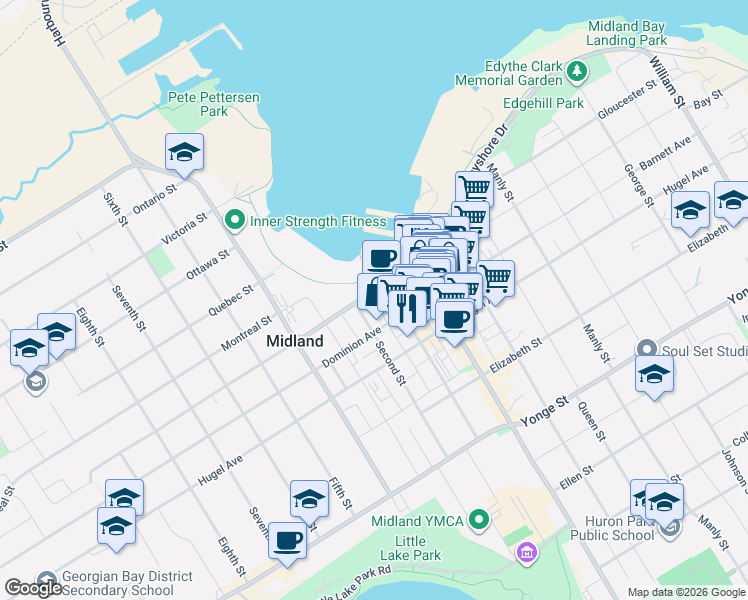 map of restaurants, bars, coffee shops, grocery stores, and more near Bay Street in Midland