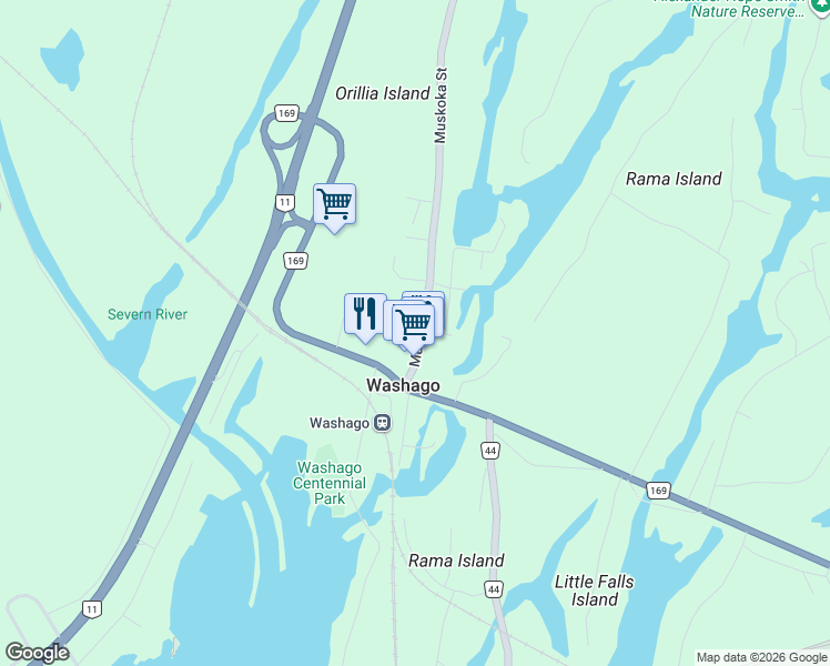 map of restaurants, bars, coffee shops, grocery stores, and more near 3374 Muskoka Street in Washago