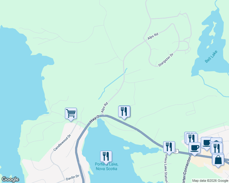map of restaurants, bars, coffee shops, grocery stores, and more near 0 Alps Road in Porters Lake