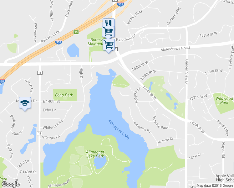 map of restaurants, bars, coffee shops, grocery stores, and more near 8962 138th Street Court West in Apple Valley