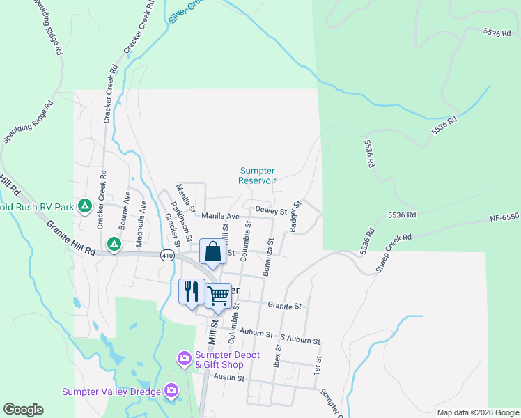 map of restaurants, bars, coffee shops, grocery stores, and more near Dewey Street in Sumpter