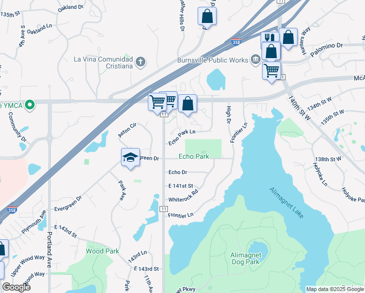 map of restaurants, bars, coffee shops, grocery stores, and more near 13909 Echo Park Lane in Burnsville