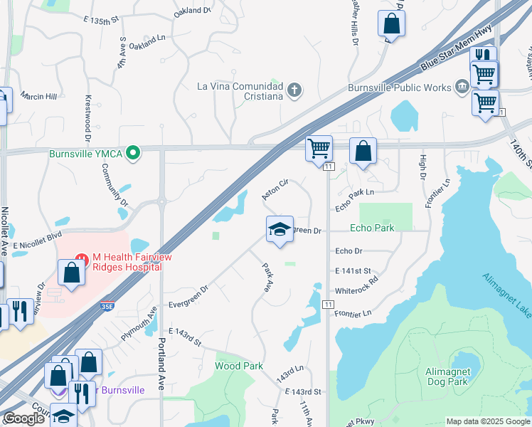 map of restaurants, bars, coffee shops, grocery stores, and more near 1030 Aston Circle in Burnsville