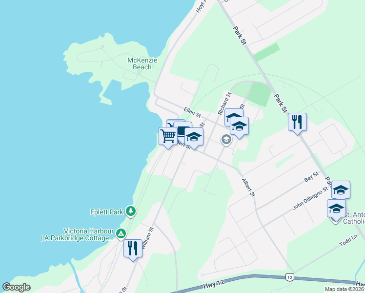 map of restaurants, bars, coffee shops, grocery stores, and more near 154 William Street in Tay