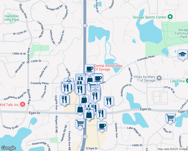 map of restaurants, bars, coffee shops, grocery stores, and more near 13924 Ventura Place in Savage