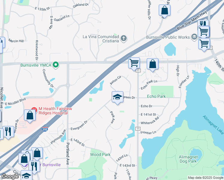 map of restaurants, bars, coffee shops, grocery stores, and more near 1030 Aston Circle in Burnsville