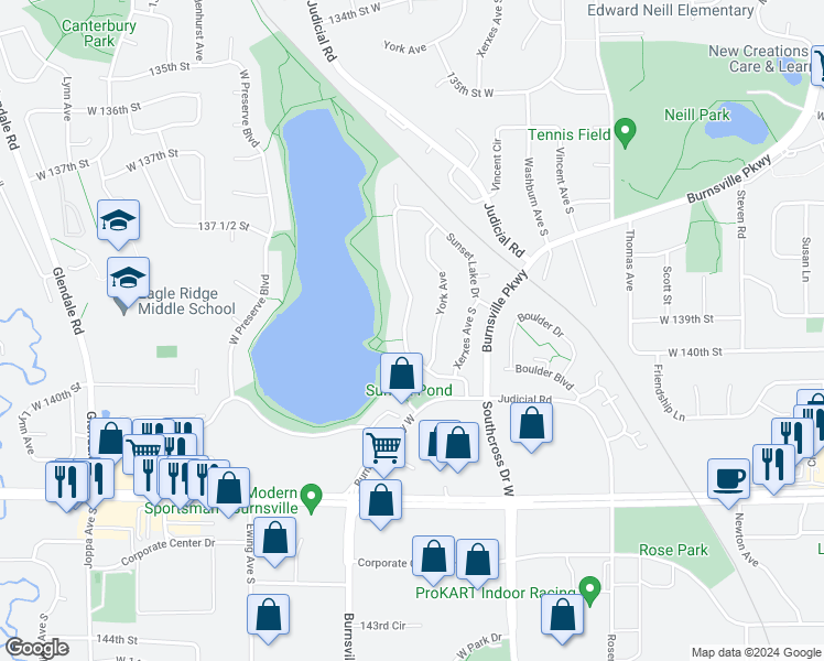 map of restaurants, bars, coffee shops, grocery stores, and more near 13913 Sunset Lake Drive in Burnsville