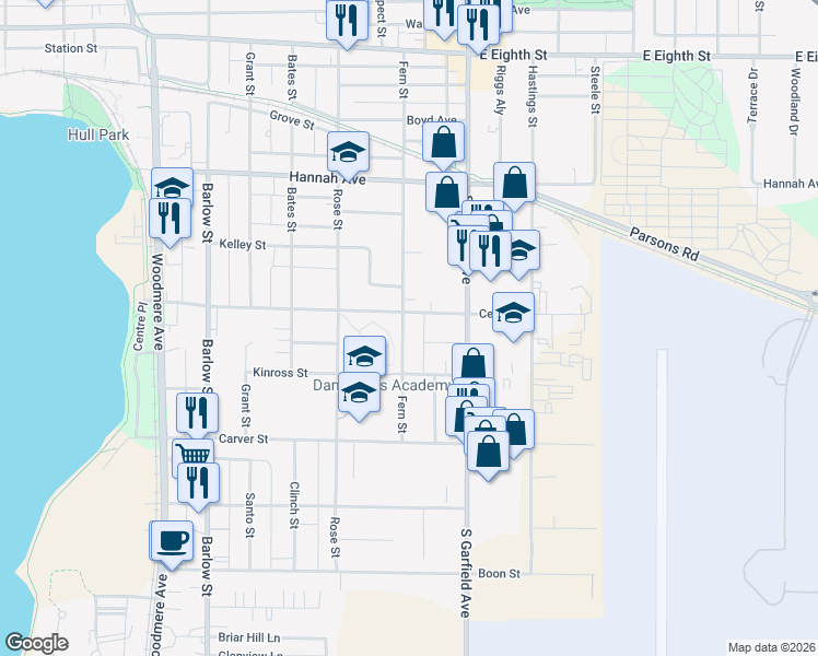 map of restaurants, bars, coffee shops, grocery stores, and more near 913 Fern Street in Traverse City