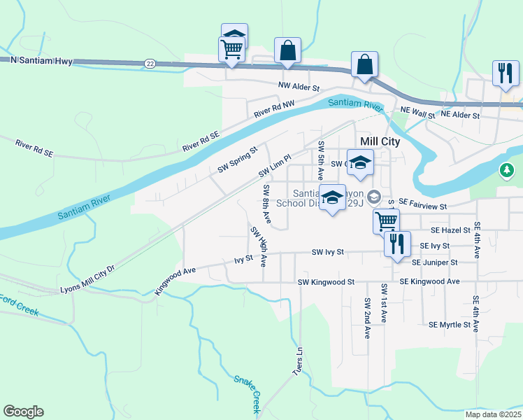 map of restaurants, bars, coffee shops, grocery stores, and more near 545 Southwest Parkside Drive in Mill City