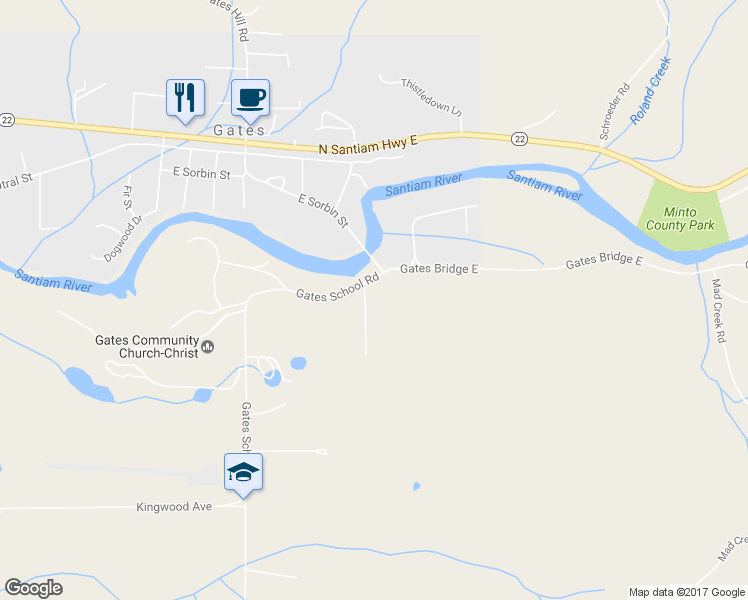 map of restaurants, bars, coffee shops, grocery stores, and more near 40299 Gates School Road in Gates