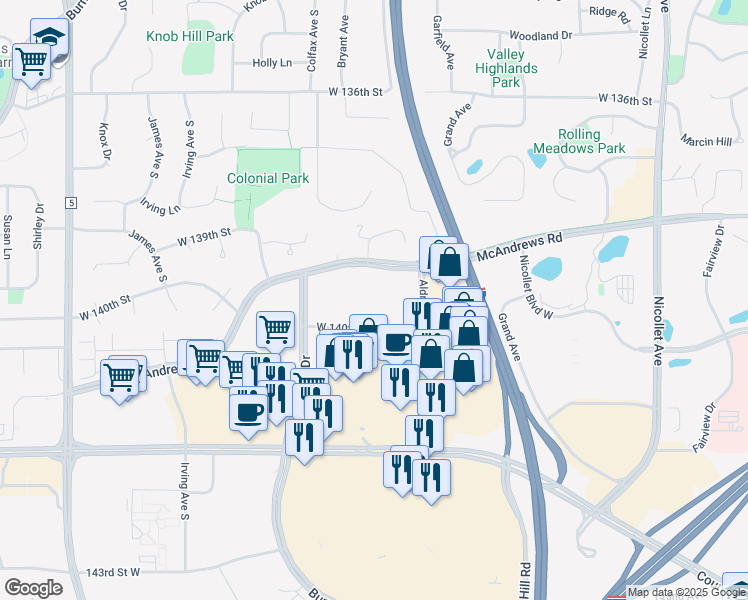 map of restaurants, bars, coffee shops, grocery stores, and more near 13900 Aldrich Avenue South in Burnsville