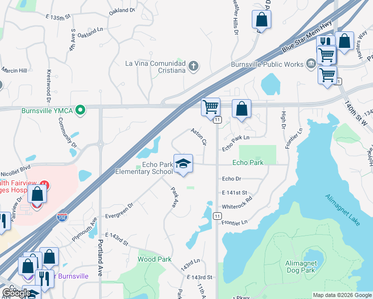 map of restaurants, bars, coffee shops, grocery stores, and more near 1019 Aston Circle in Burnsville