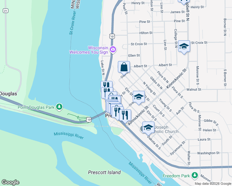 map of restaurants, bars, coffee shops, grocery stores, and more near 319 Locust Street North in Prescott