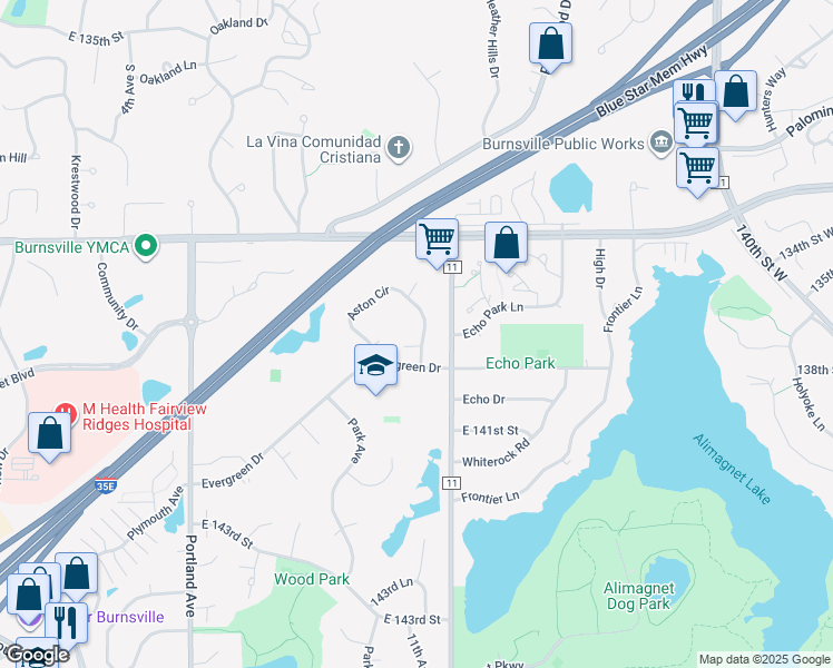 map of restaurants, bars, coffee shops, grocery stores, and more near 1153 Aston Circle in Burnsville