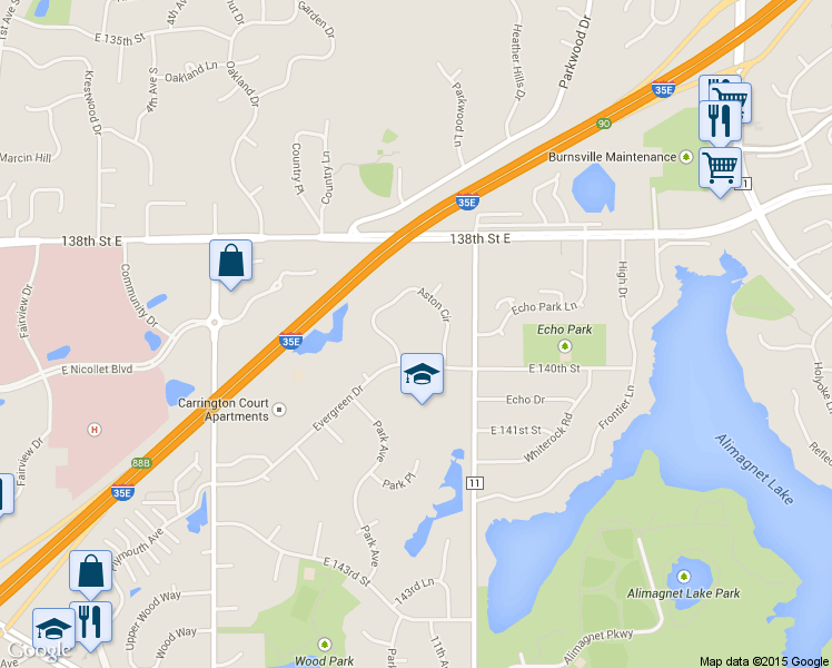 map of restaurants, bars, coffee shops, grocery stores, and more near 1019 Aston Circle in Burnsville