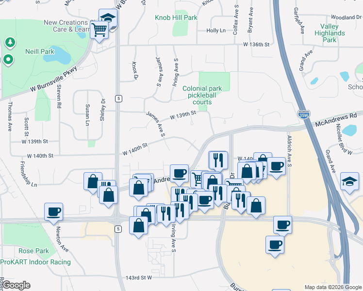 map of restaurants, bars, coffee shops, grocery stores, and more near 1415 West 140th Street in Burnsville