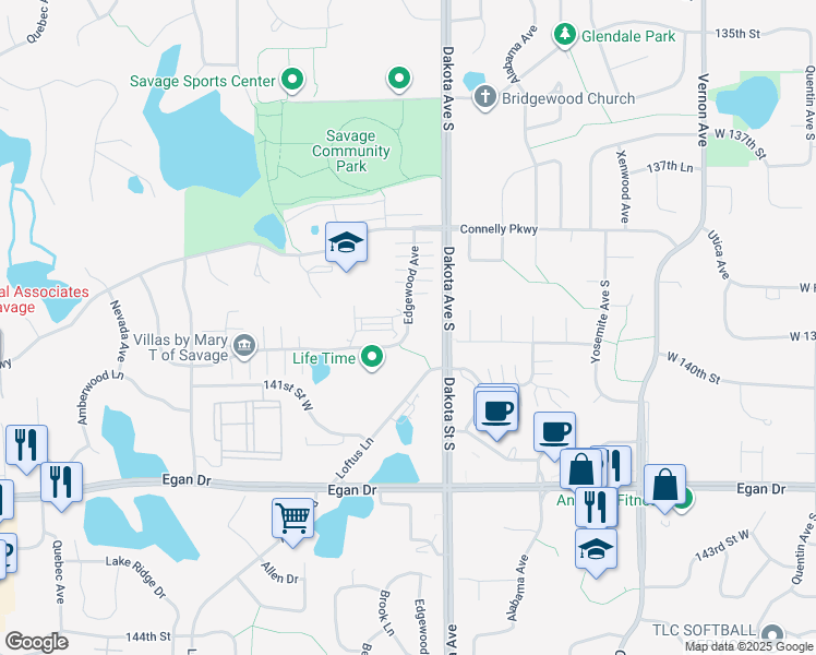 map of restaurants, bars, coffee shops, grocery stores, and more near 13958 Edgewood Avenue in Savage