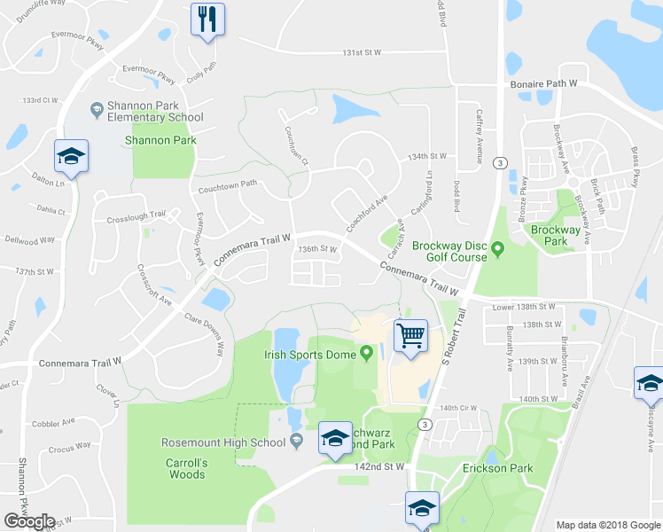map of restaurants, bars, coffee shops, grocery stores, and more near 3278 Coleshire Path in Rosemount