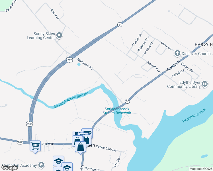 map of restaurants, bars, coffee shops, grocery stores, and more near 47 Coldbrook Road in Hampden