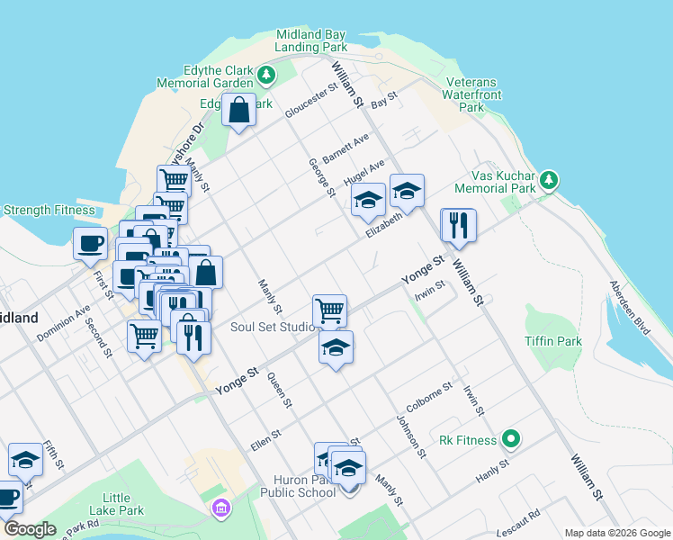map of restaurants, bars, coffee shops, grocery stores, and more near 343 Princess Street in Midland