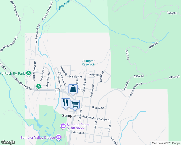 map of restaurants, bars, coffee shops, grocery stores, and more near 805 Bonanza Street in Sumpter