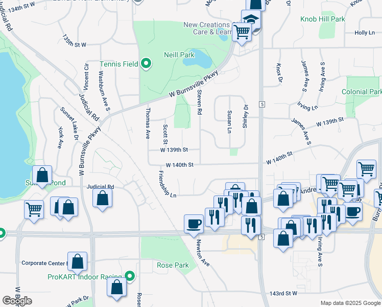 map of restaurants, bars, coffee shops, grocery stores, and more near 2305 West 139th Street in Burnsville