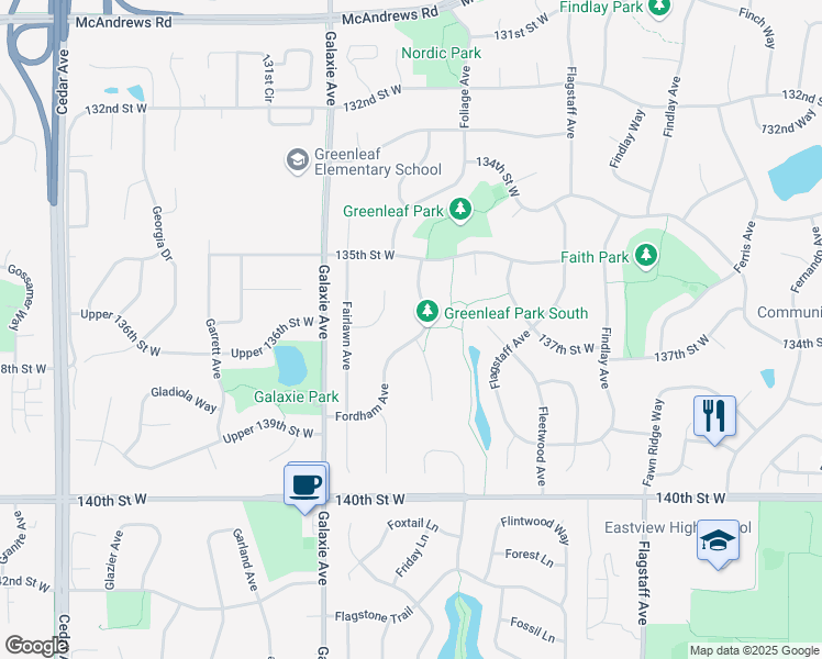map of restaurants, bars, coffee shops, grocery stores, and more near 13655 Fordham Avenue in Apple Valley