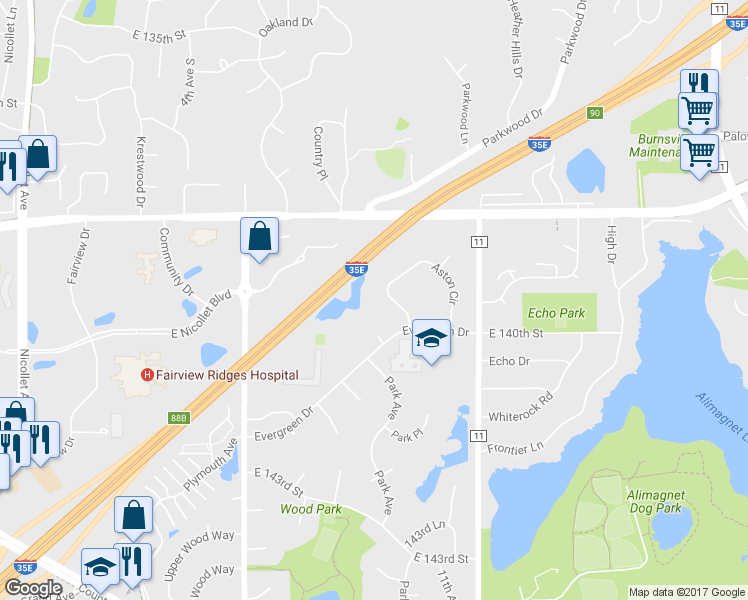 map of restaurants, bars, coffee shops, grocery stores, and more near 1030 Aston Circle in Burnsville