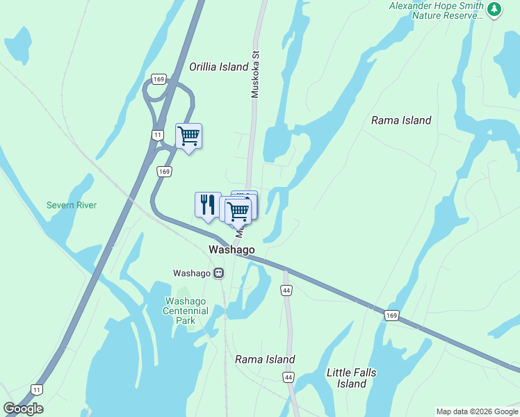 map of restaurants, bars, coffee shops, grocery stores, and more near 4351 Hepinstall Landng in Washago