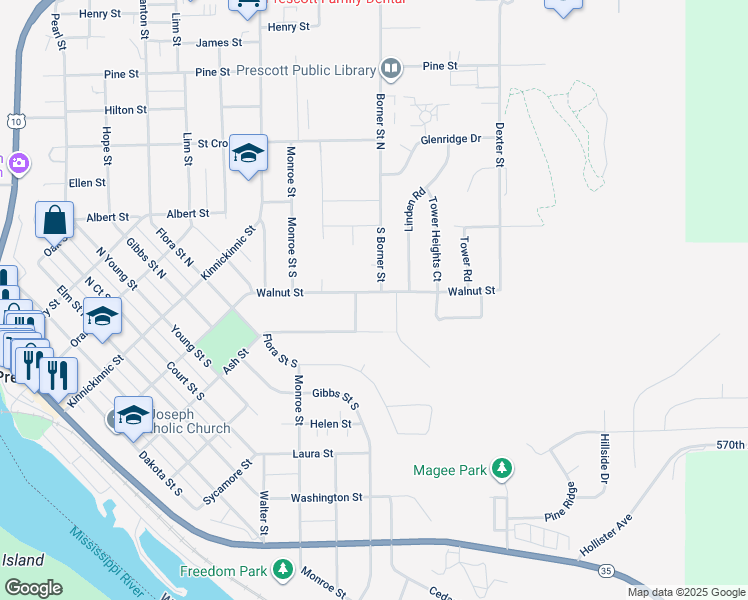 map of restaurants, bars, coffee shops, grocery stores, and more near 1483 Walnut Street in Prescott