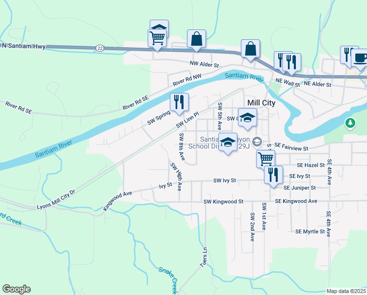 map of restaurants, bars, coffee shops, grocery stores, and more near 545 Southwest Parkside Drive in Mill City