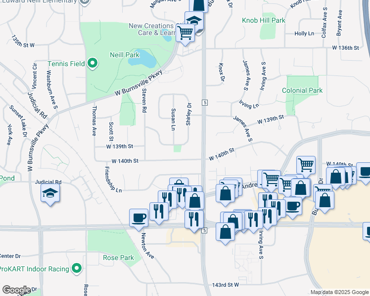 map of restaurants, bars, coffee shops, grocery stores, and more near 13825 Shirley Drive in Burnsville