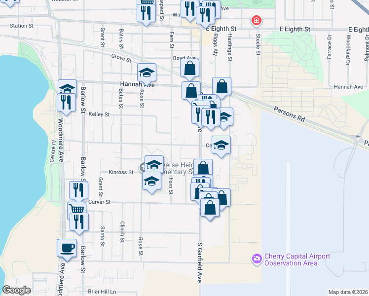map of restaurants, bars, coffee shops, grocery stores, and more near 1022 Centre Street in Traverse City