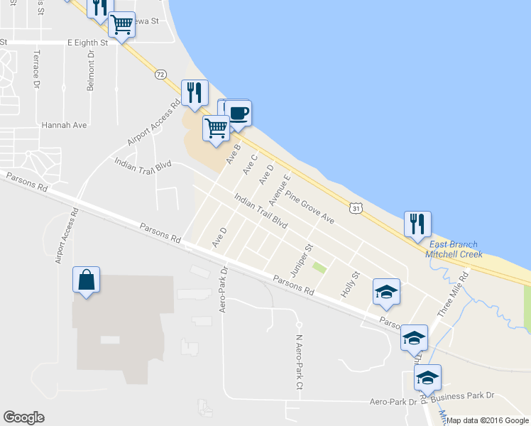 map of restaurants, bars, coffee shops, grocery stores, and more near Indian Trail Boulevard in Traverse City