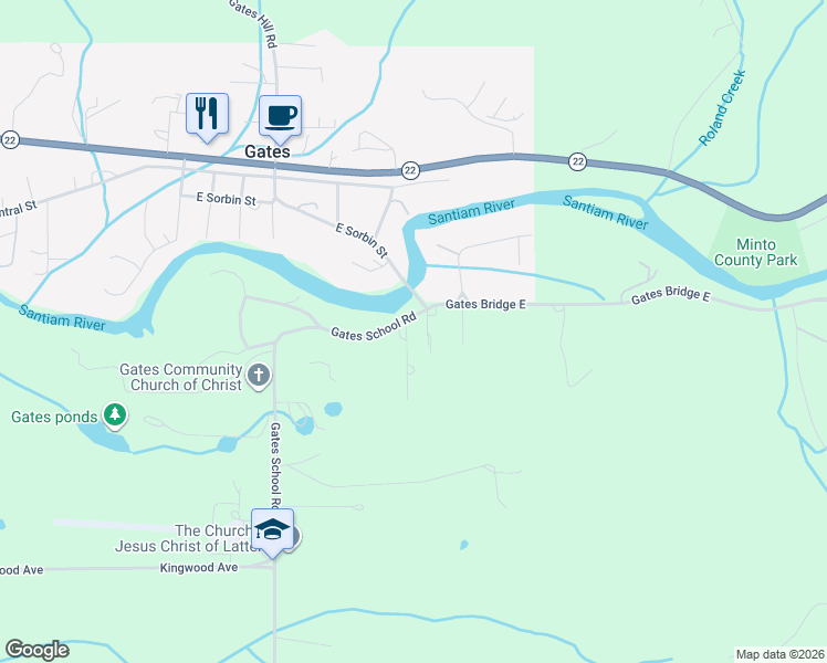 map of restaurants, bars, coffee shops, grocery stores, and more near 40299 Gates School Road in Gates