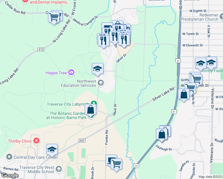 map of restaurants, bars, coffee shops, grocery stores, and more near 1100 Silver Drive in Traverse City
