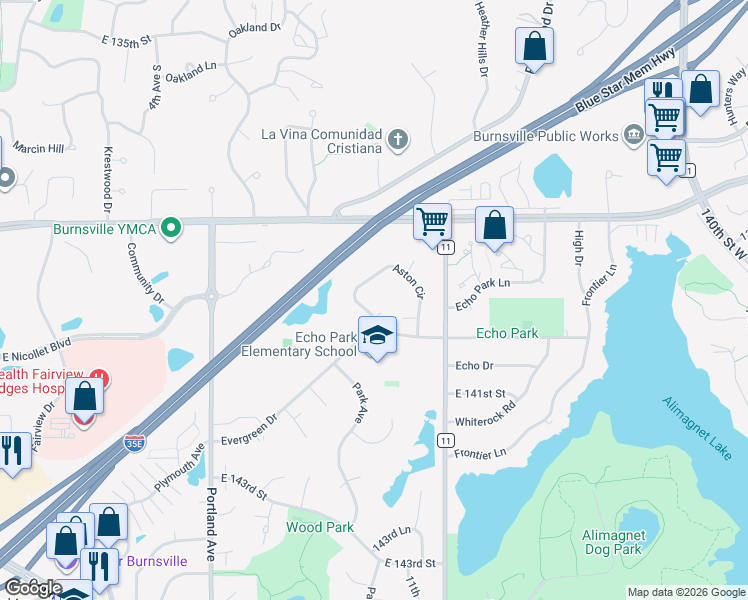 map of restaurants, bars, coffee shops, grocery stores, and more near 1019 Aston Circle in Burnsville