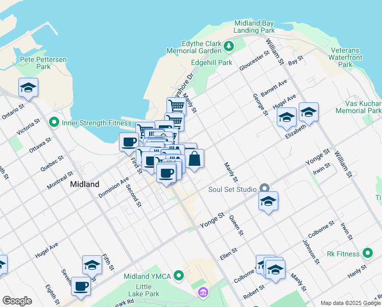 map of restaurants, bars, coffee shops, grocery stores, and more near 438 Hugel Avenue in Midland