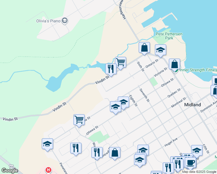 map of restaurants, bars, coffee shops, grocery stores, and more near 824 Ontario Street in Midland