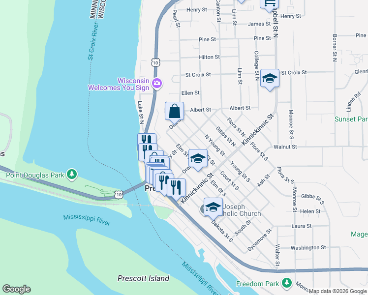 map of restaurants, bars, coffee shops, grocery stores, and more near 243 Elm Street South in Prescott
