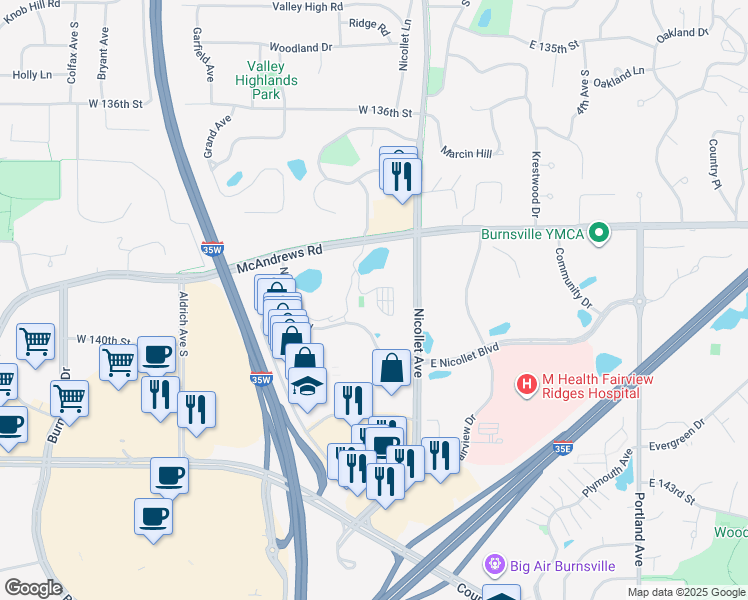 map of restaurants, bars, coffee shops, grocery stores, and more near 201 McAndrews Road East in Burnsville