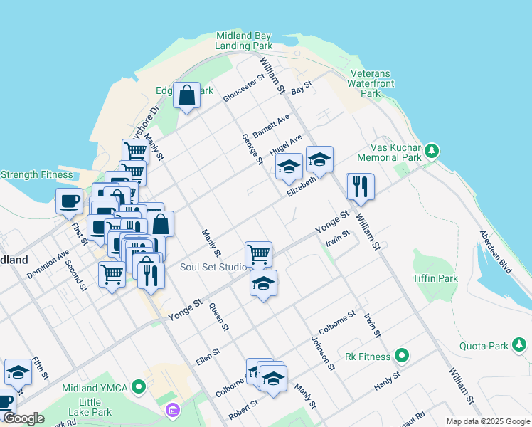 map of restaurants, bars, coffee shops, grocery stores, and more near 315 Elizabeth Street in Midland