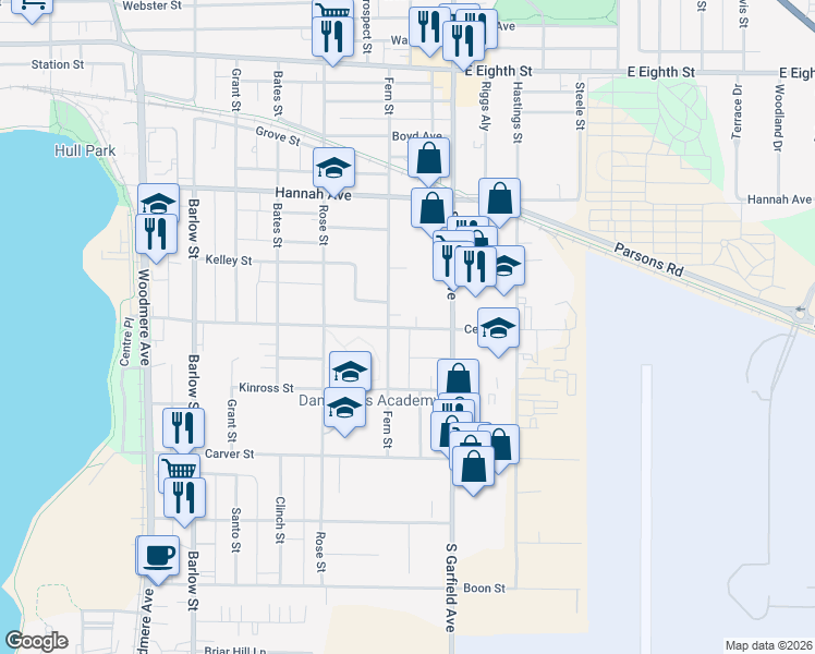 map of restaurants, bars, coffee shops, grocery stores, and more near 913 Fern Street in Traverse City