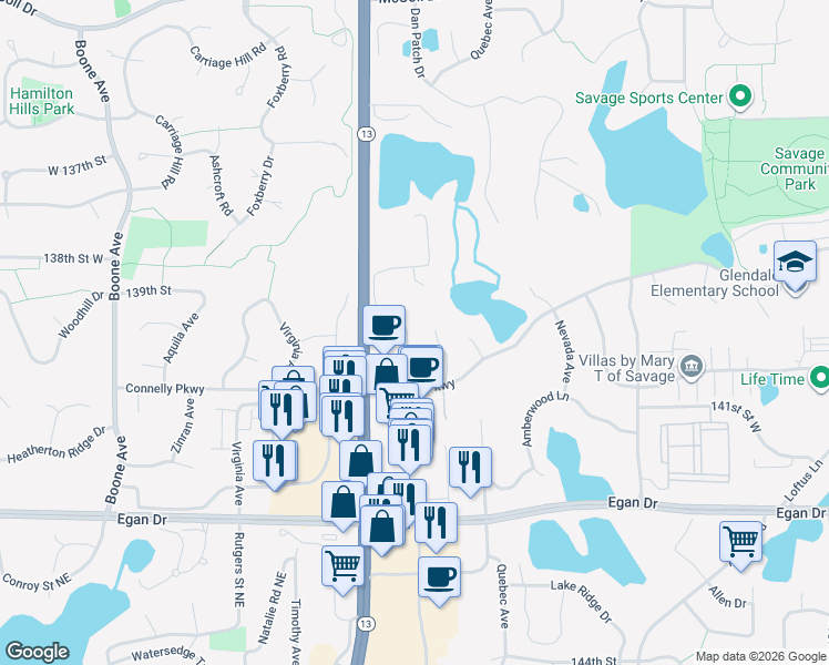 map of restaurants, bars, coffee shops, grocery stores, and more near 13924 Ventura Place in Savage
