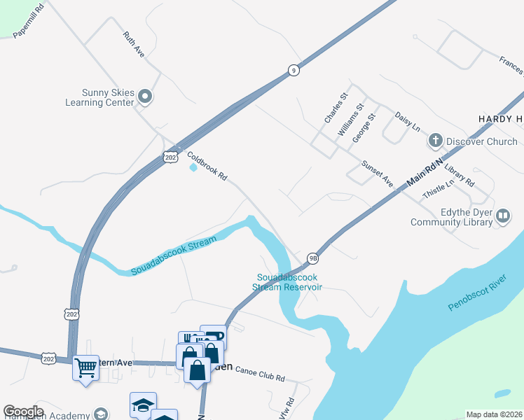 map of restaurants, bars, coffee shops, grocery stores, and more near 47 Coldbrook Road in Hampden