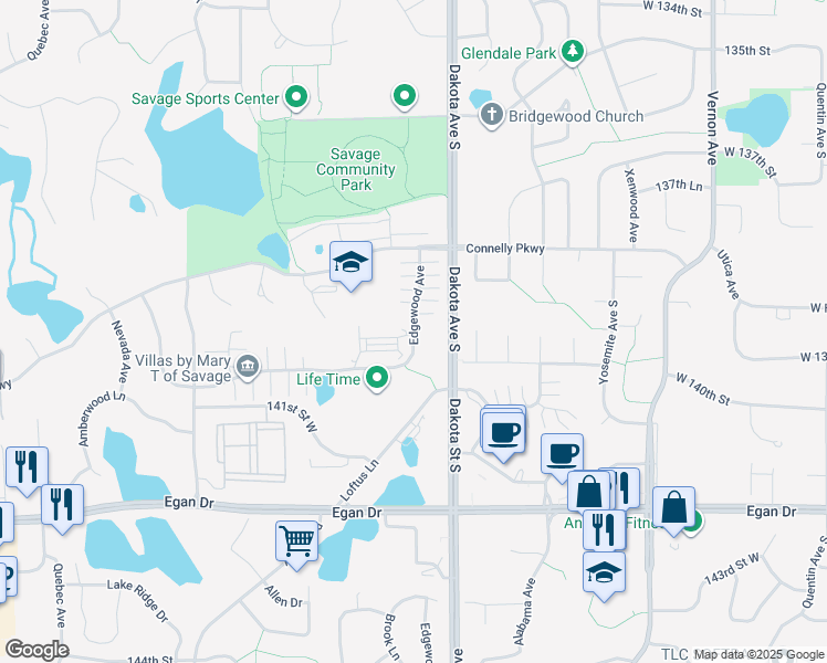 map of restaurants, bars, coffee shops, grocery stores, and more near Edgewood Avenue in Savage