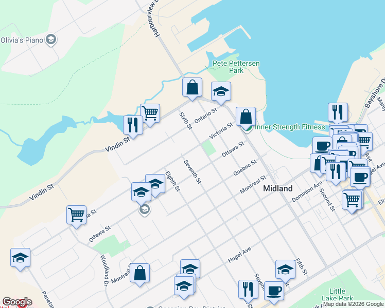 map of restaurants, bars, coffee shops, grocery stores, and more near in Midland