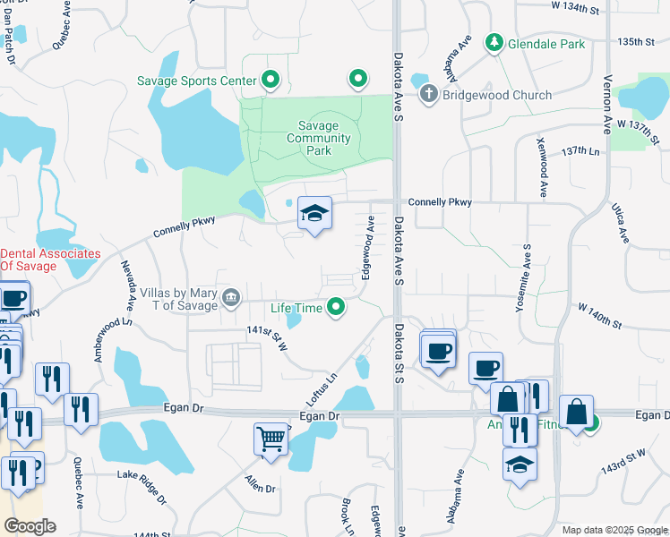 map of restaurants, bars, coffee shops, grocery stores, and more near 13930 Edgewood Avenue in Savage